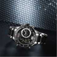 Naviforce Dual Display Men's Stylish Waterproof Watch - Black Silver