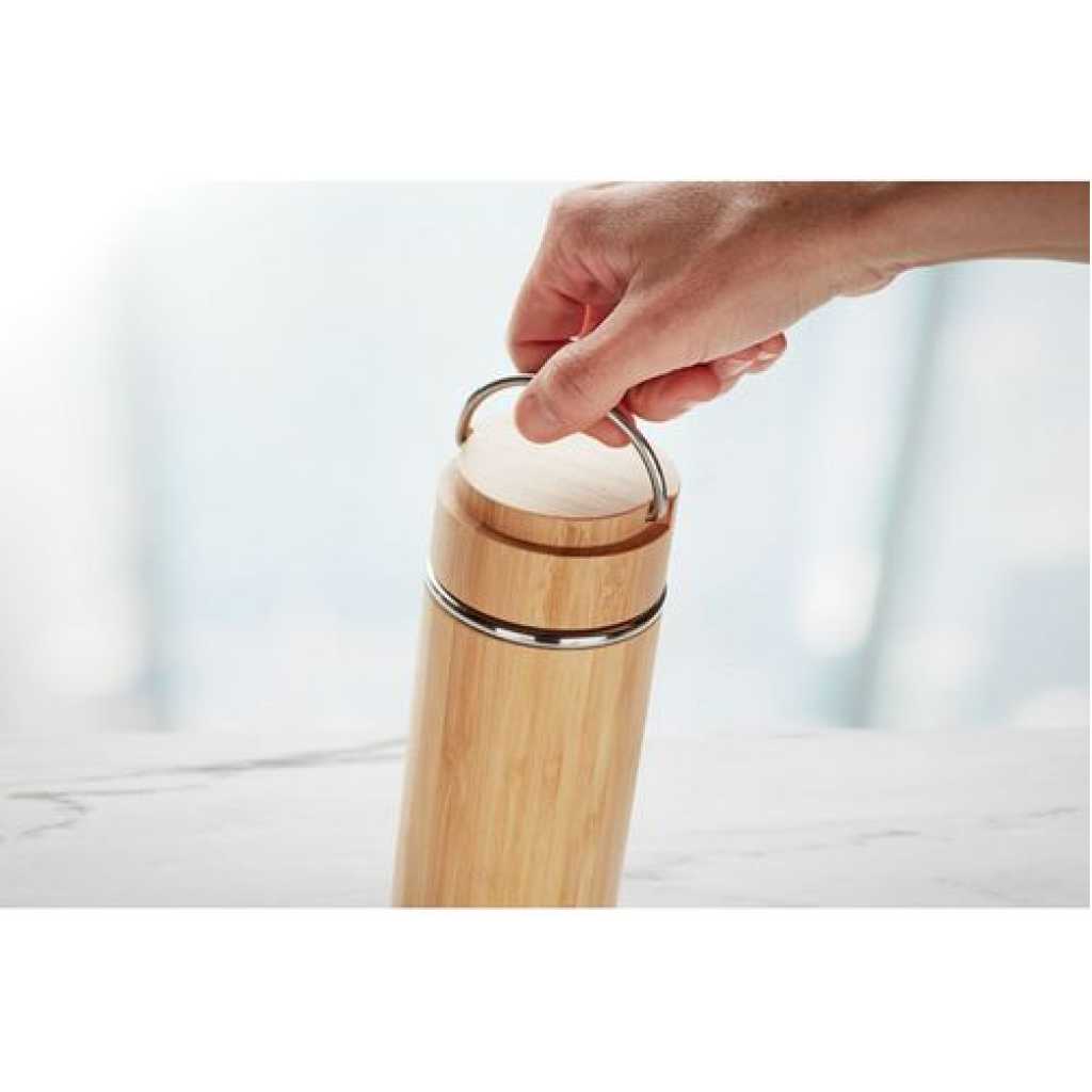 Double Wall Stainless Steel Bamboo Insulating Vacuum Flask With Additional Tea Infuser, 480ml- Brown.