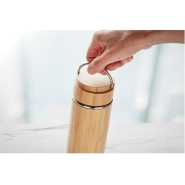 Double Wall Stainless Steel Bamboo Insulating Vacuum Flask With Additional Tea Infuser, 480ml- Brown.