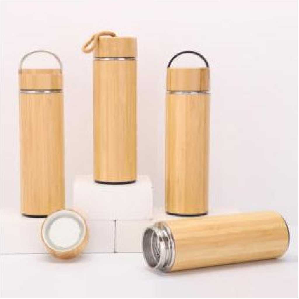 Double Wall Stainless Steel Bamboo Insulating Vacuum Flask With Additional Tea Infuser, 480ml- Brown.