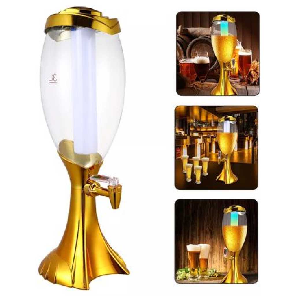 Beer Tower 4.5 Liters Drink Beverage Dispenser Plastic with Ice Tube- Gold.