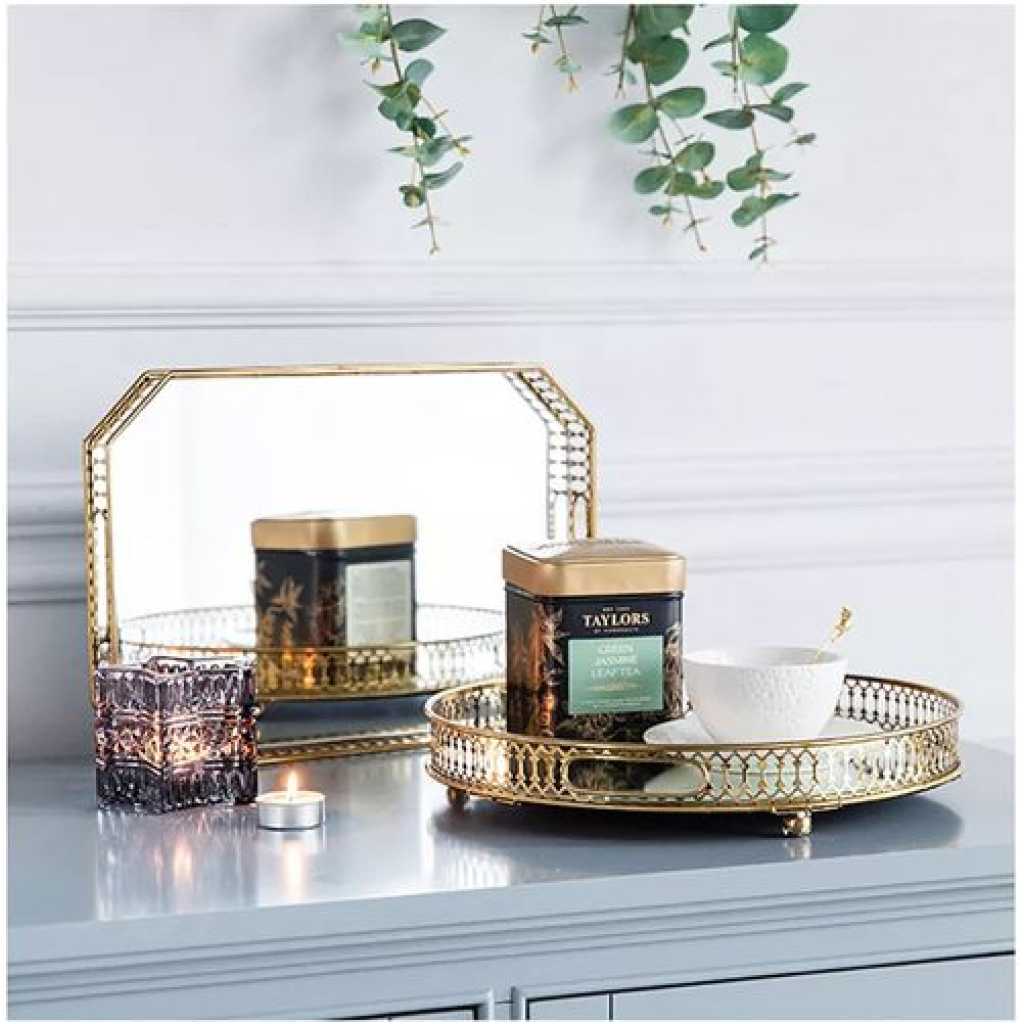 Rectangle Makeup Jewelry Organizer Decorative Glass Vanity Mirror Cosmetic Storage Perfume Candle Decor Tray - Gold