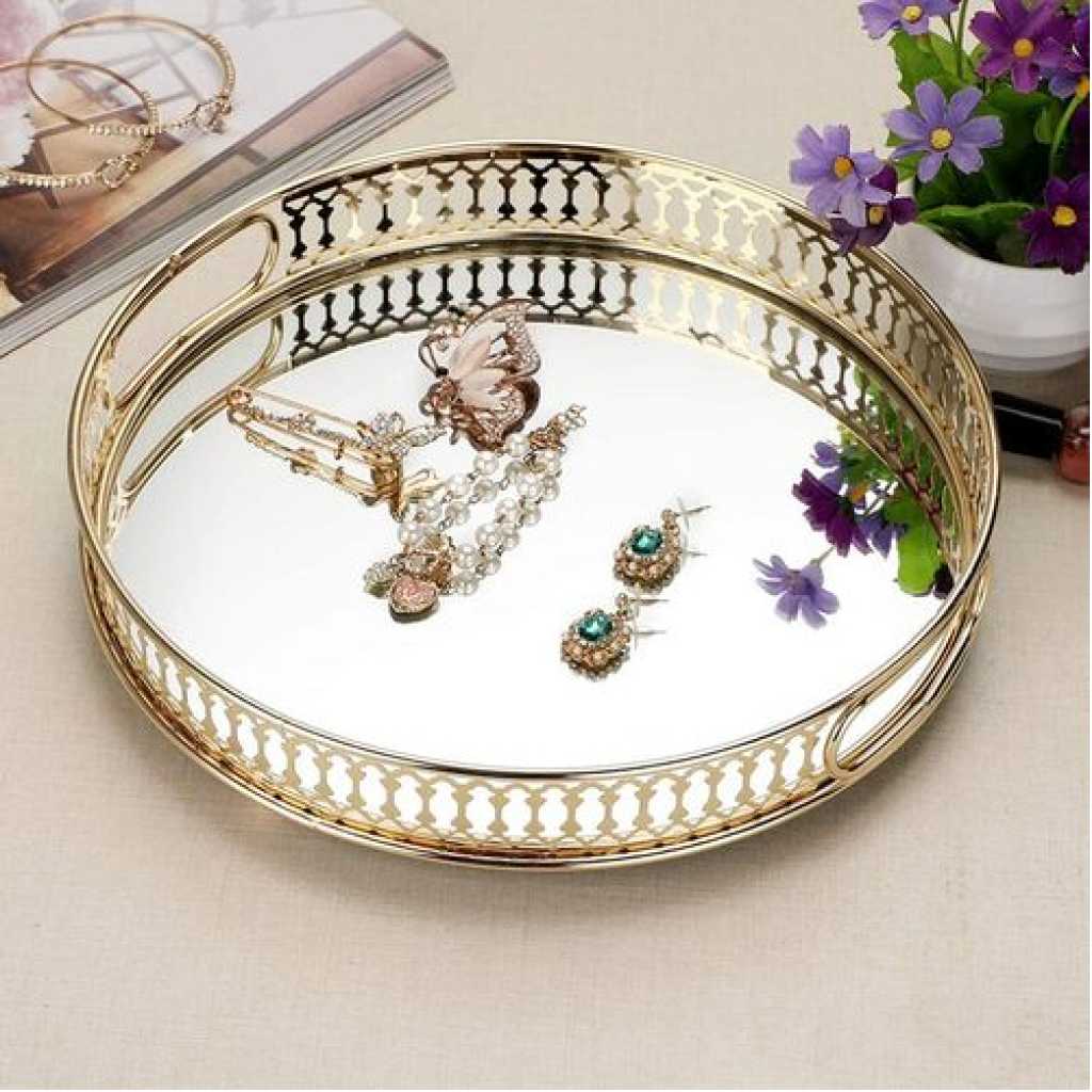 Round Makeup Jewelry Organizer Decorative Glass Vanity Mirror Cosmetic Storage Perfume Candle Decor Tray - Gold