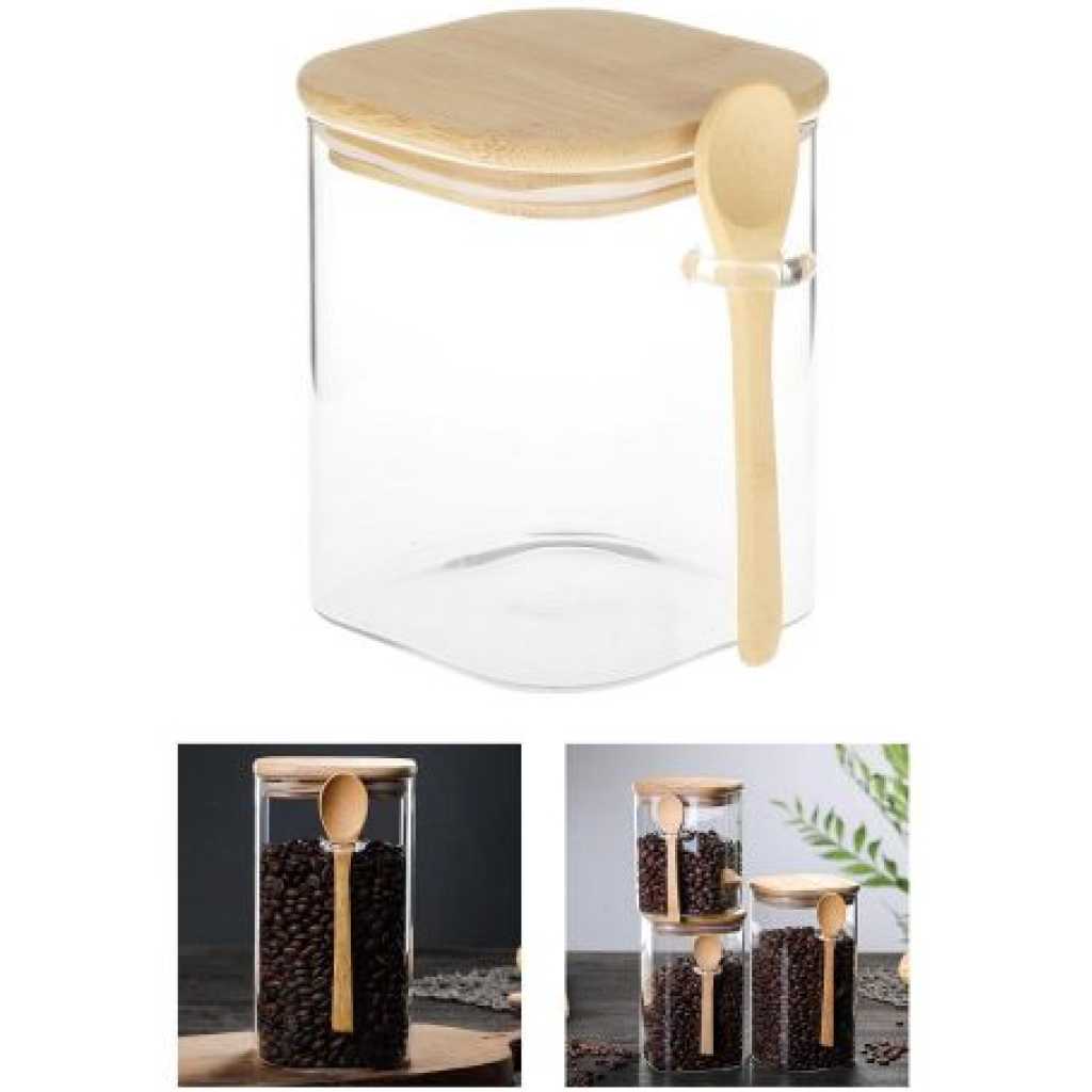 3PC Square Airtight Storage Pantry Food Glass Jars Bamboo Clamp Lids- Clear.