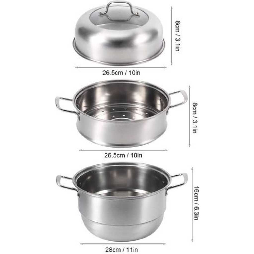 28Cm - 3 Layer Stainless Steel Food Saucepan And Steamer Soup Pot -Silver.