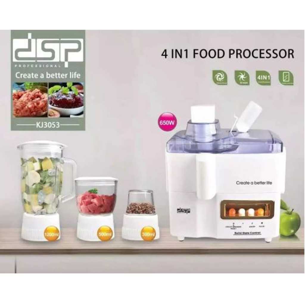 Dsp 4 In1 Glass Food Processor,Extractor,Mixer, Blender - White.