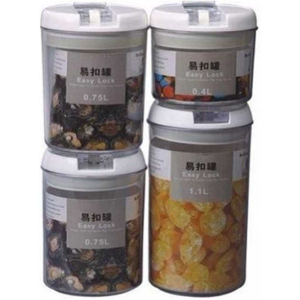 Easy Lock Round Airtight Kitchen Storage Containers 4pc Plastic Canisters With Vacuum Seal Lids- Clear