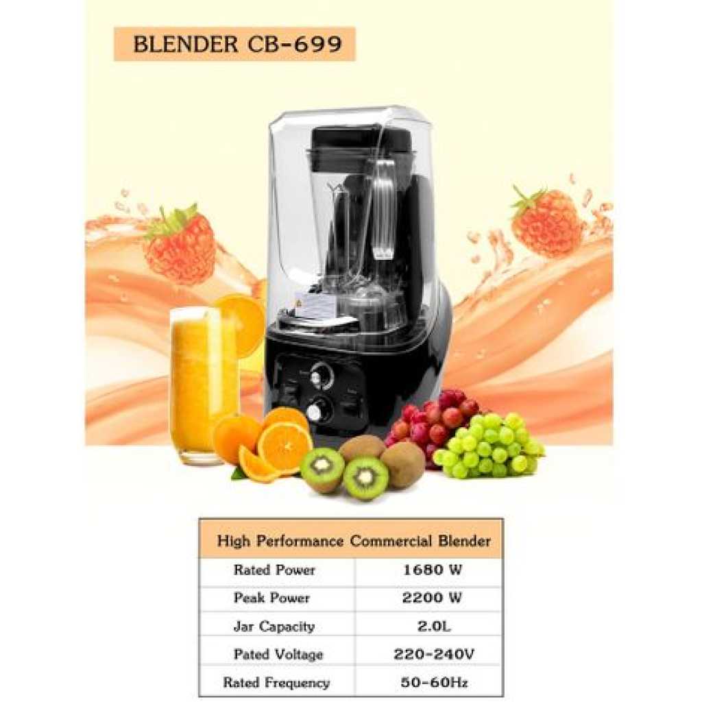 Commercial Ice Crusher Sound Proof Smoothie Blender Juicer With Timer Belt- Black.