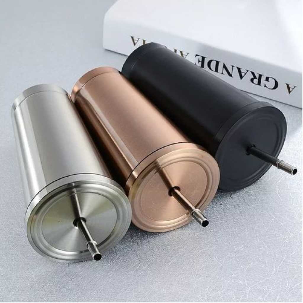 Stainless Steel 500ml Coffee Mug With Lid Tea Cup Thermos Beer Travel Tumbler With Straw- Silver.