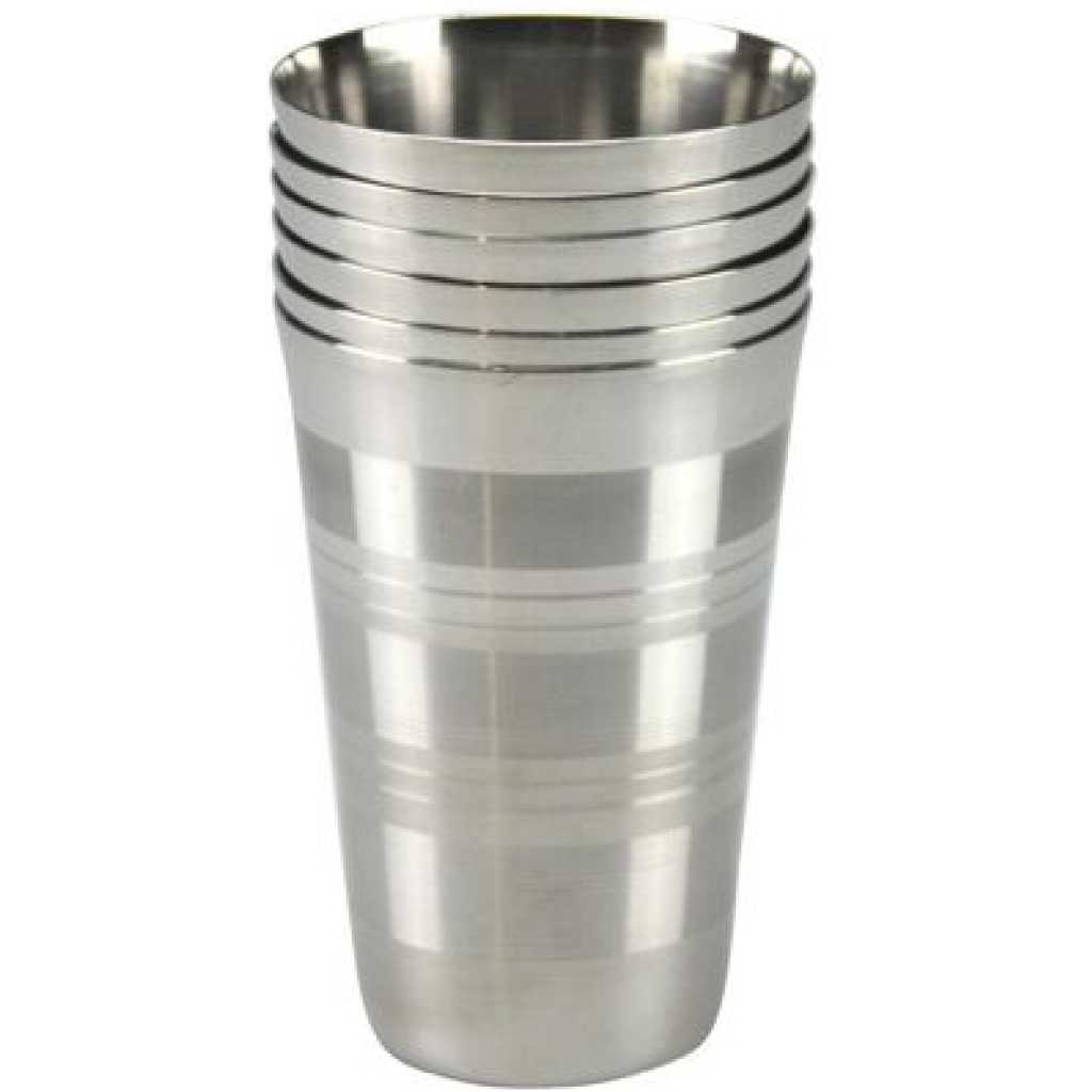 6 Stainless Steel Drinking Tumblers Unbreakable Water Juice Cocktail Mugs- Silver.