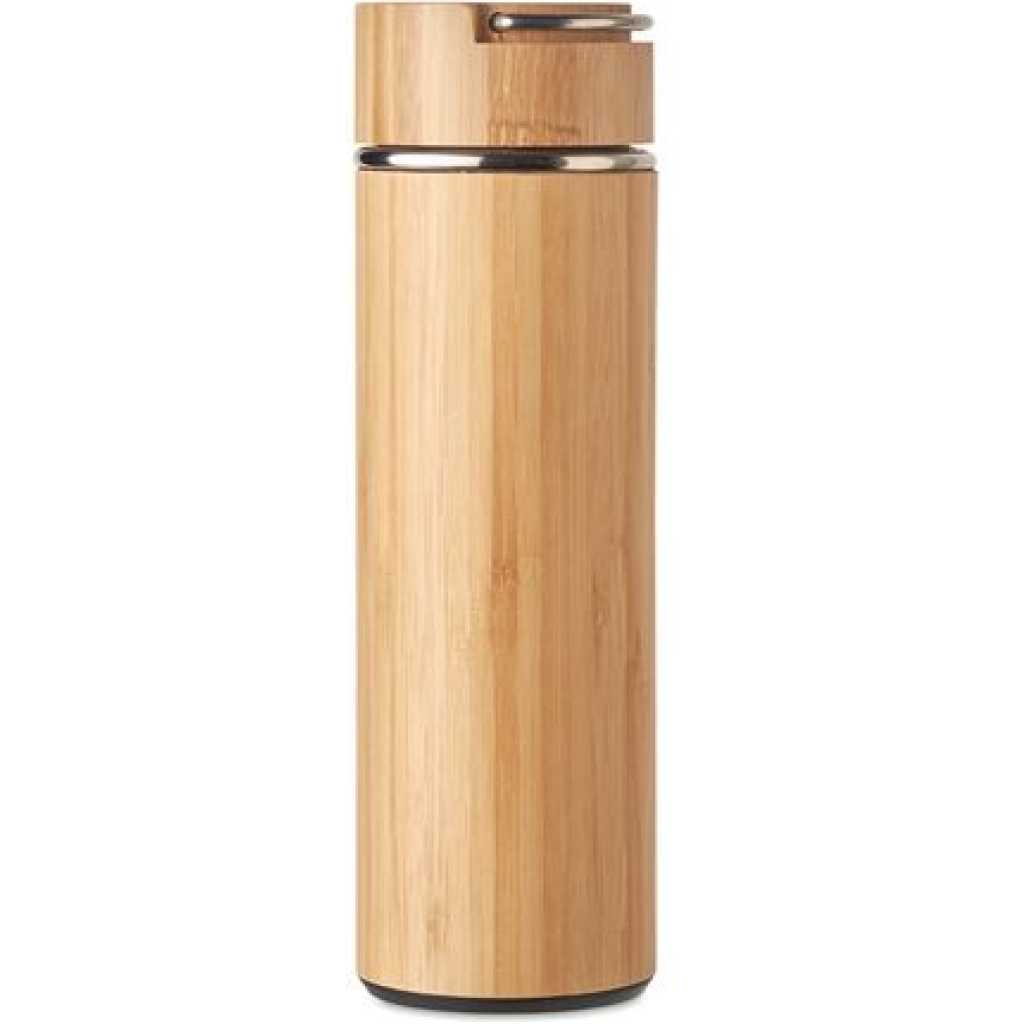 Double Wall Stainless Steel Bamboo Insulating Vacuum Flask With Additional Tea Infuser, 480ml- Brown.