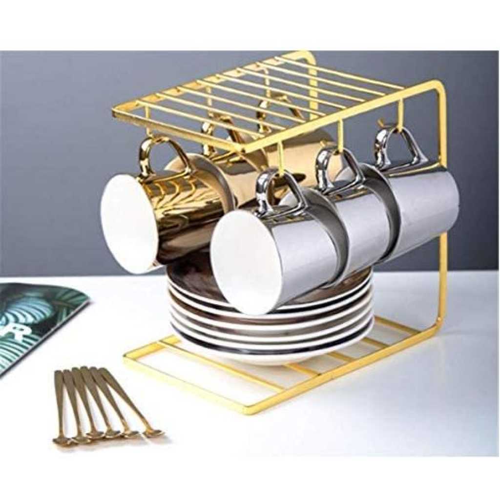 6 Tea Coffee Cups And Saucers Stand Rack Organizer Gift Set- Gold.