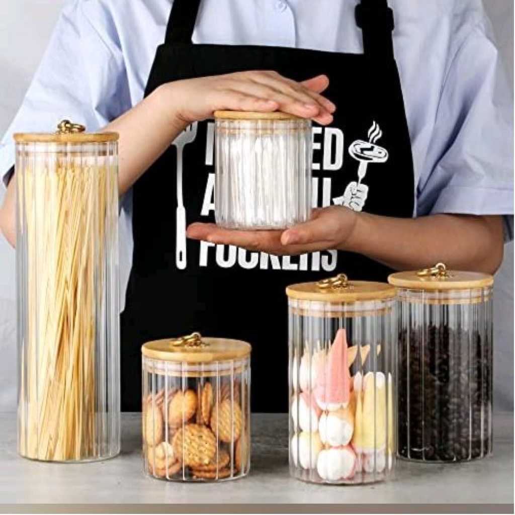 4PC Airtight Storage Pantry Food Glass Jars With Bamboo Clamp Lids- Clear.