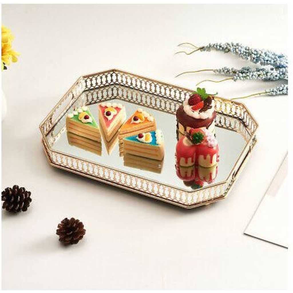 Rectangle Makeup Jewelry Organizer Decorative Glass Vanity Mirror Cosmetic Storage Perfume Candle Decor Tray - Gold
