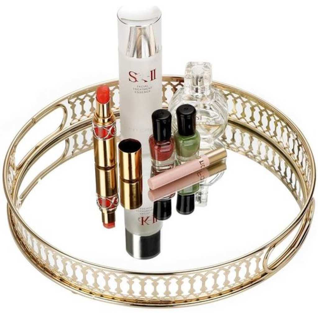 Round Makeup Jewelry Organizer Decorative Glass Vanity Mirror Cosmetic Storage Perfume Candle Decor Tray - Gold