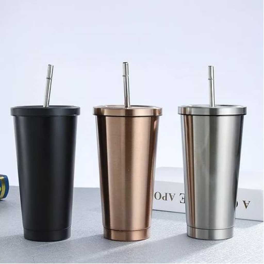 Stainless Steel 500ml Coffee Mug With Lid Tea Cup Thermos Beer Travel Tumbler With Straw- Silver.