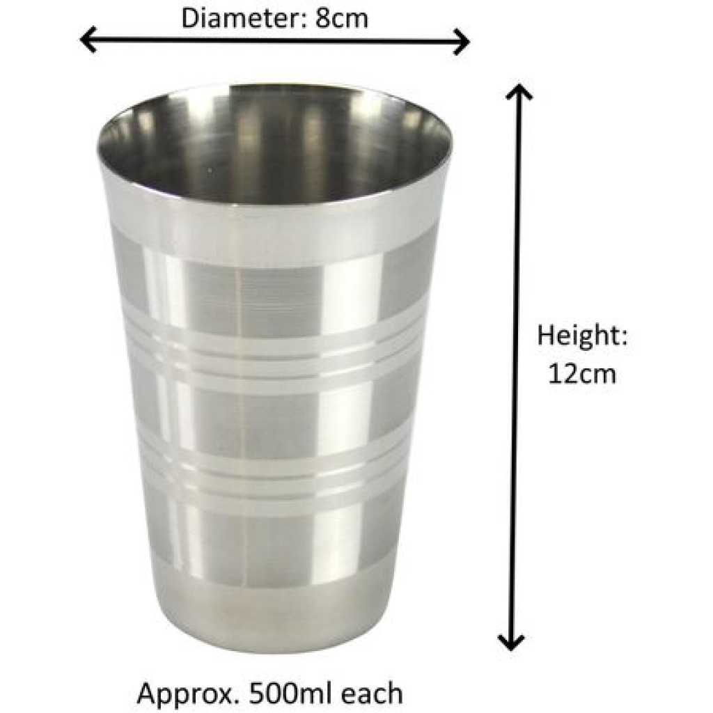 6 Stainless Steel Drinking Tumblers Unbreakable Water Juice Cocktail Mugs- Silver.