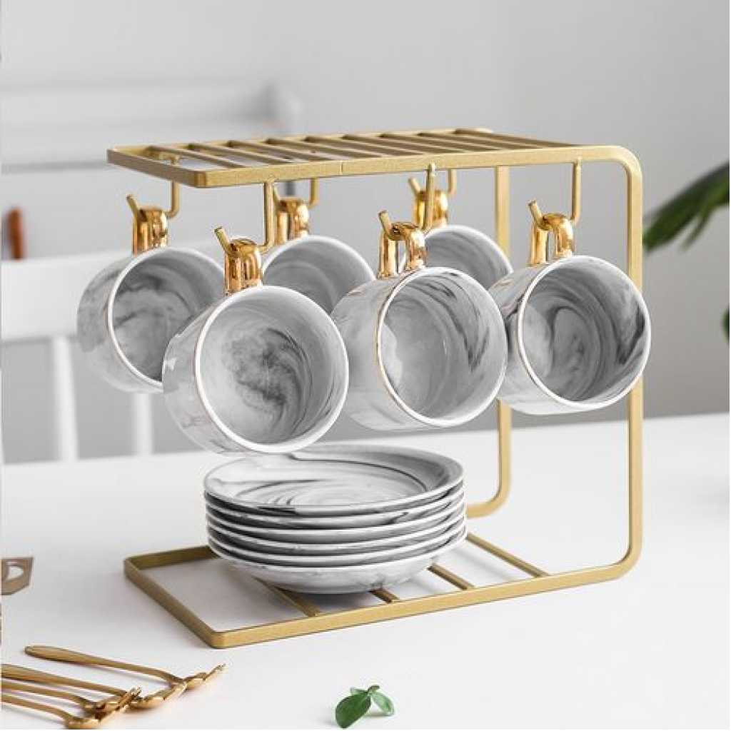 6 Tea Coffee Cups And Saucers Stand Rack Organizer Gift Set- Gold.