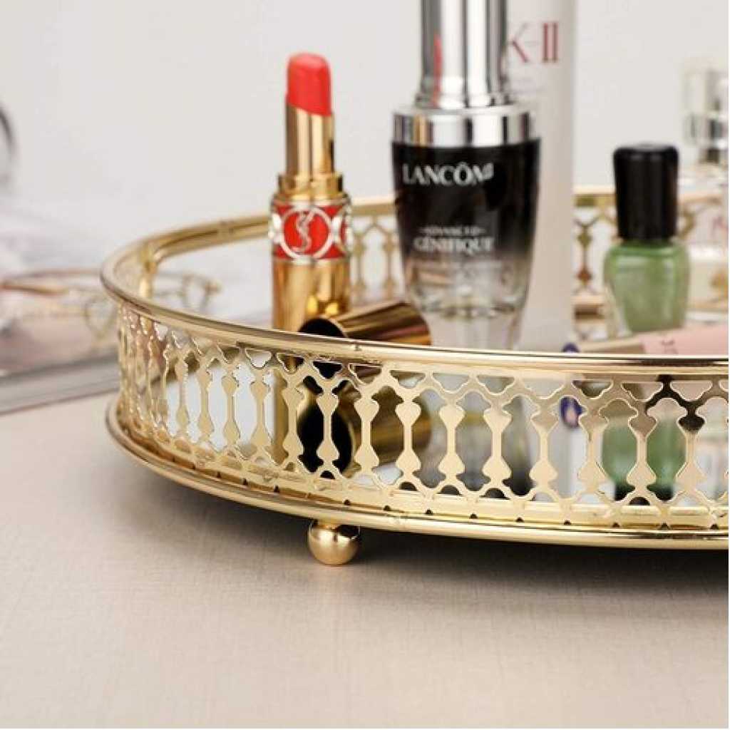 Round Makeup Jewelry Organizer Decorative Glass Vanity Mirror Cosmetic Storage Perfume Candle Decor Tray - Gold