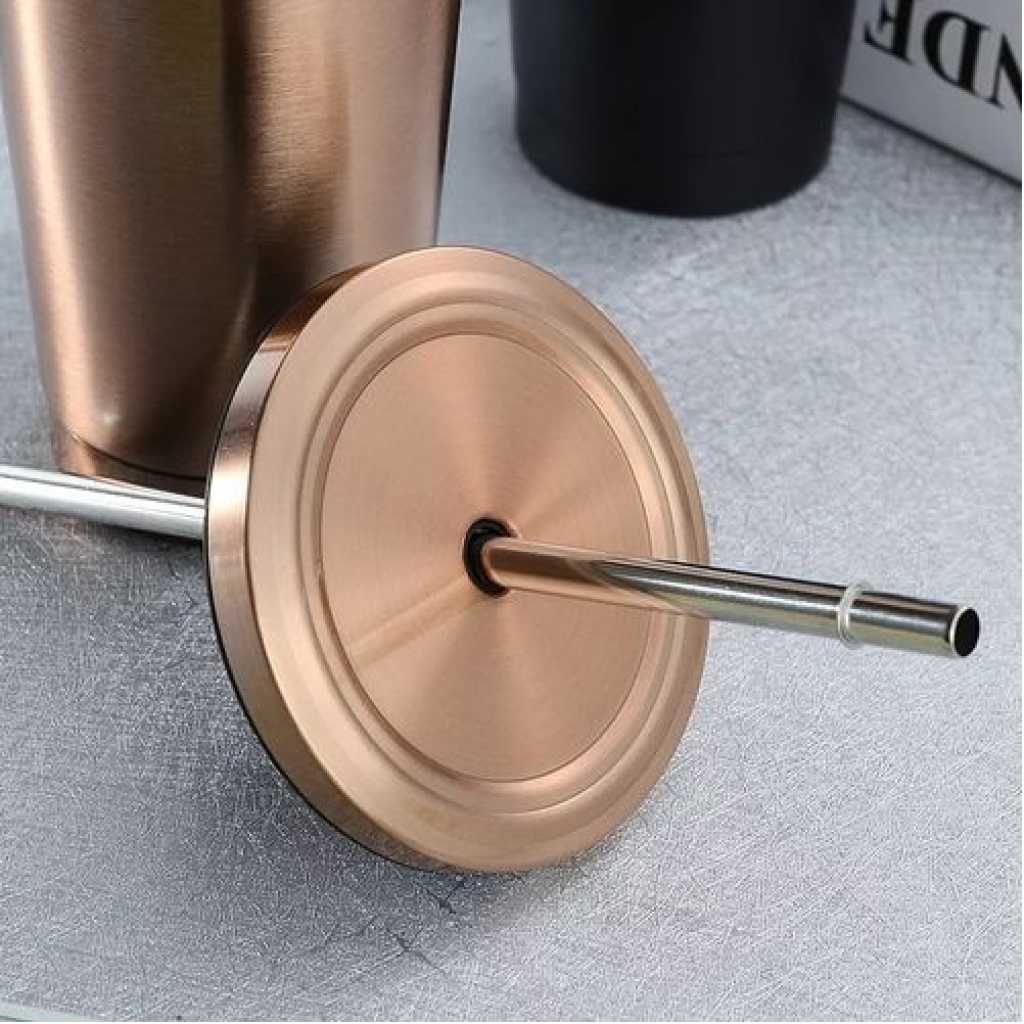 Stainless Steel 500ml Coffee Mug With Lid Tea Cup Thermos Beer Travel Tumbler With Straw- Silver.