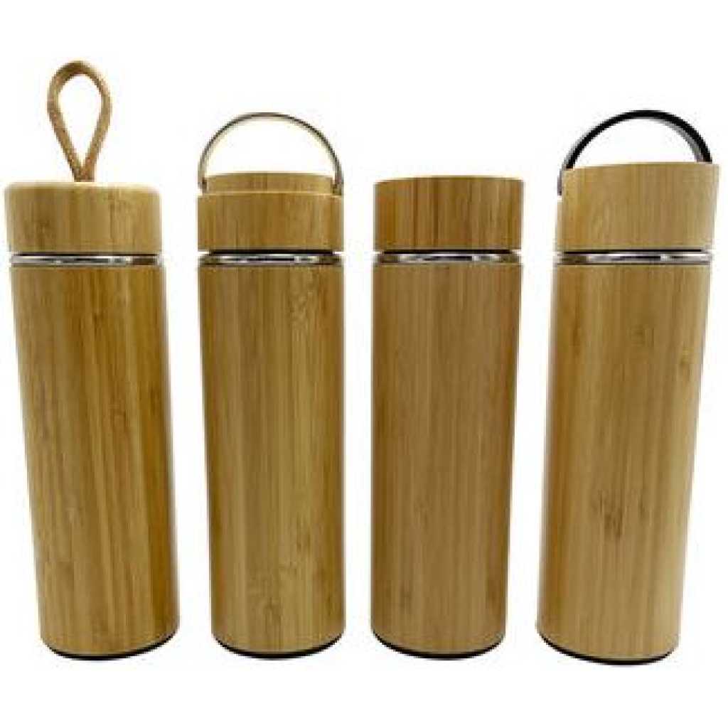 Double Wall Stainless Steel Bamboo Insulating Vacuum Flask With Additional Tea Infuser, 480ml- Brown.