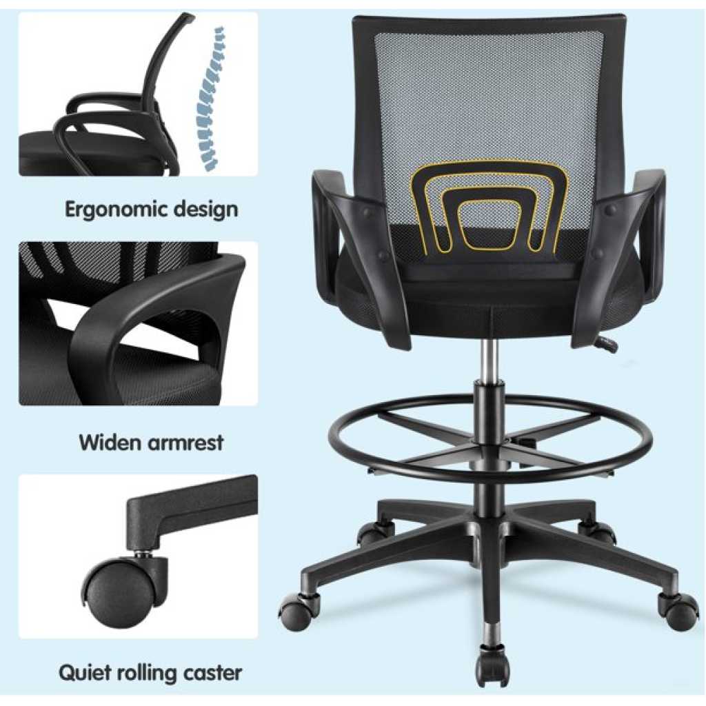 Adjustable Height Drafting Office Chair with Armrest and Regolabile Foot Ring, Black/Silver