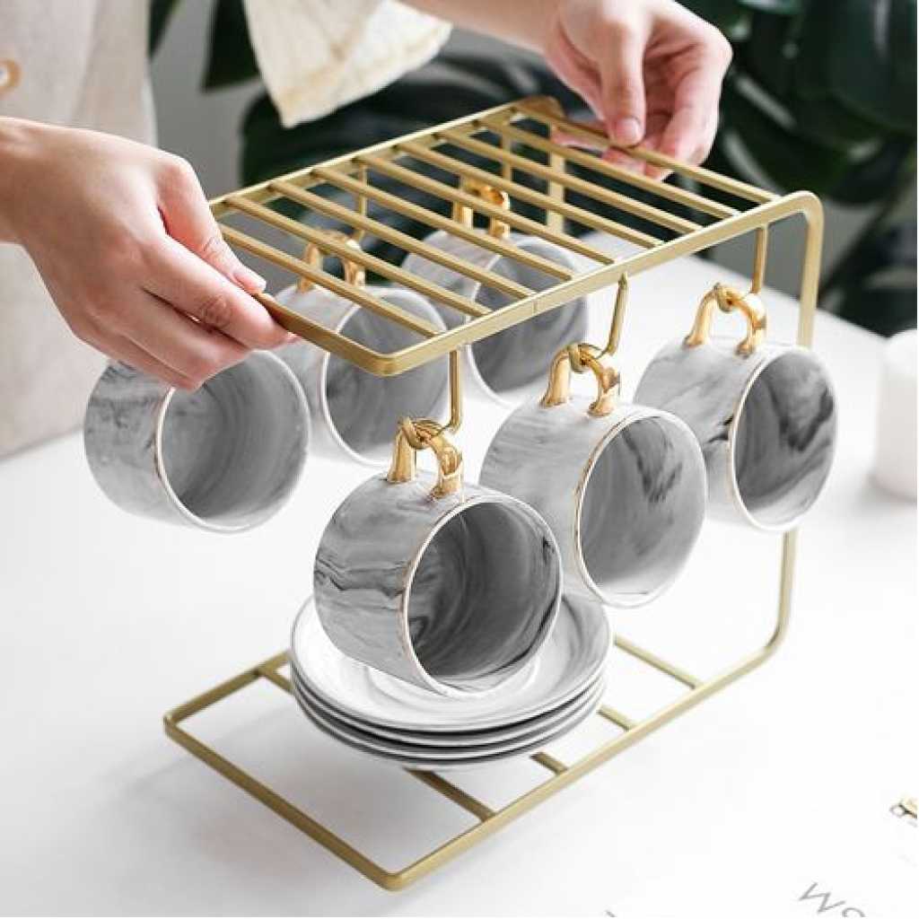 6 Tea Coffee Cups And Saucers Stand Rack Organizer Gift Set- Gold.