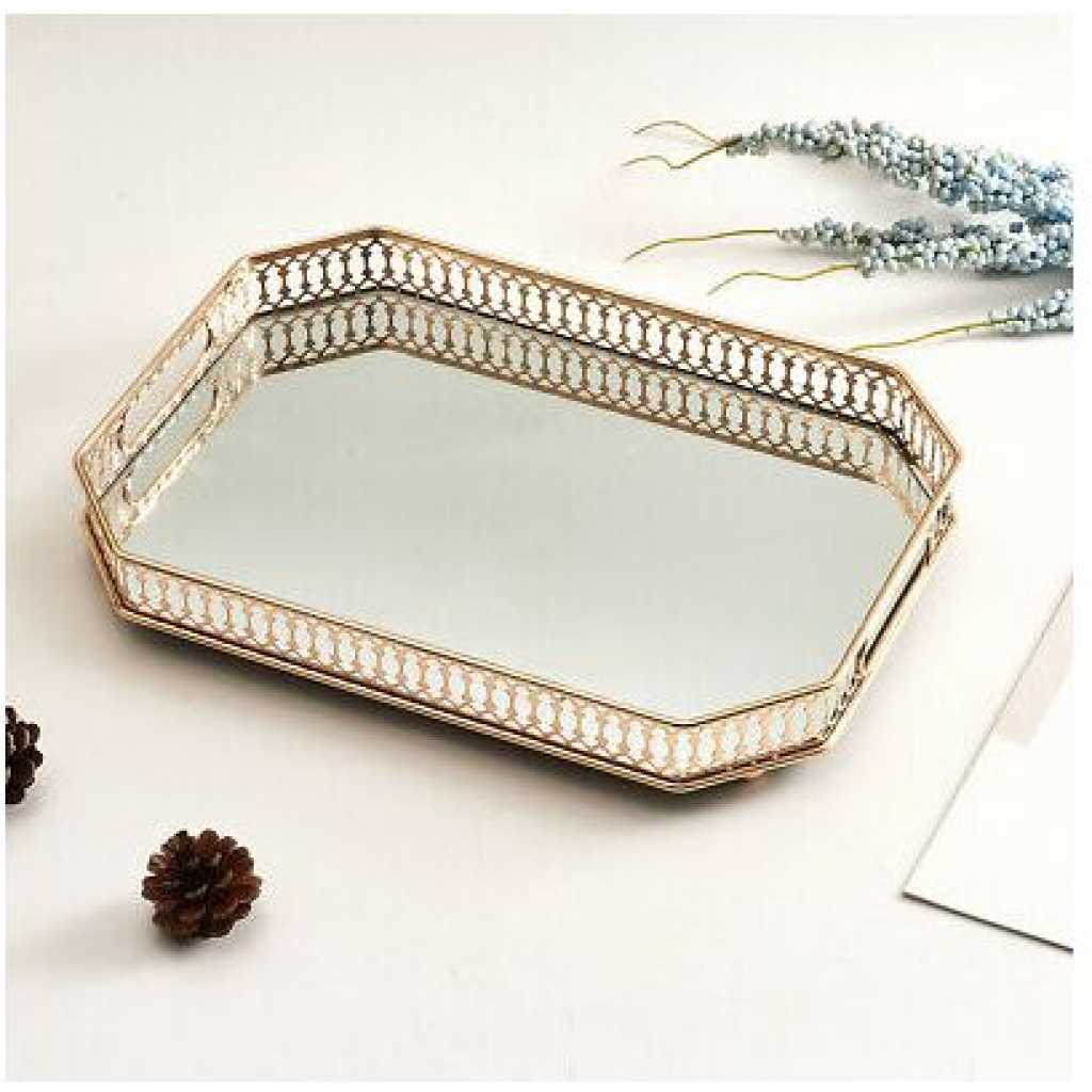 Rectangle Makeup Jewelry Organizer Decorative Glass Vanity Mirror Cosmetic Storage Perfume Candle Decor Tray - Gold