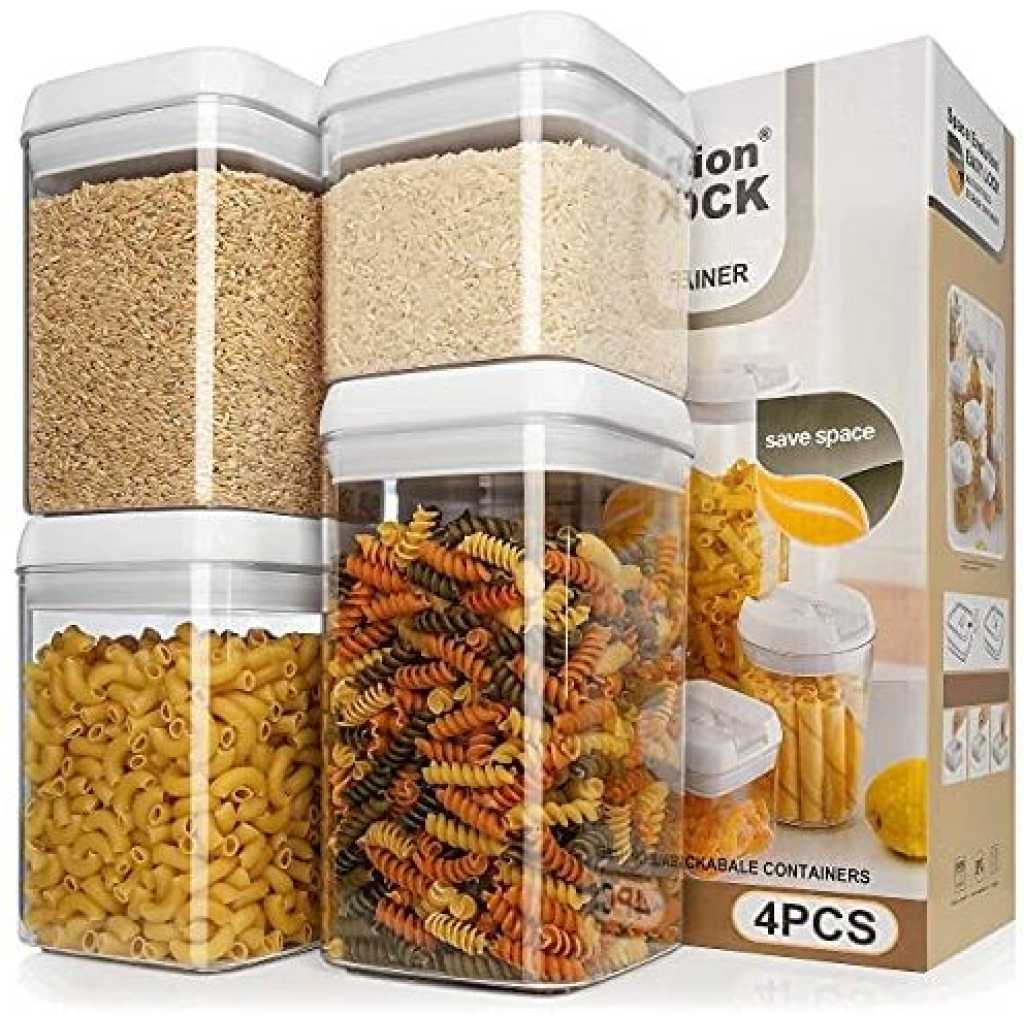 Easy Lock Square Airtight Kitchen Storage Containers 4pc Plastic Canisters With Vacuum Seal Lids- Clear