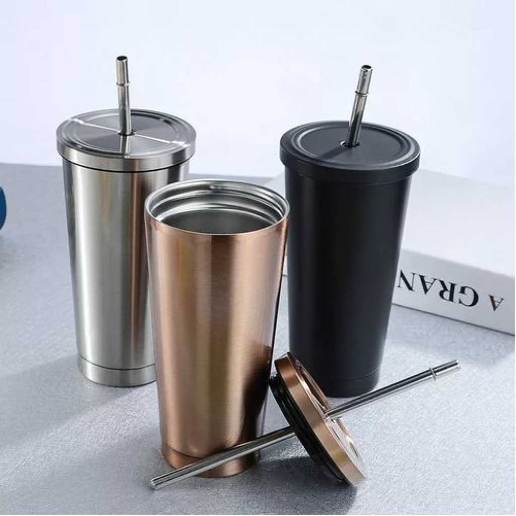 Stainless Steel 500ml Coffee Mug With Lid Tea Cup Thermos Beer Travel Tumbler With Straw- Silver.