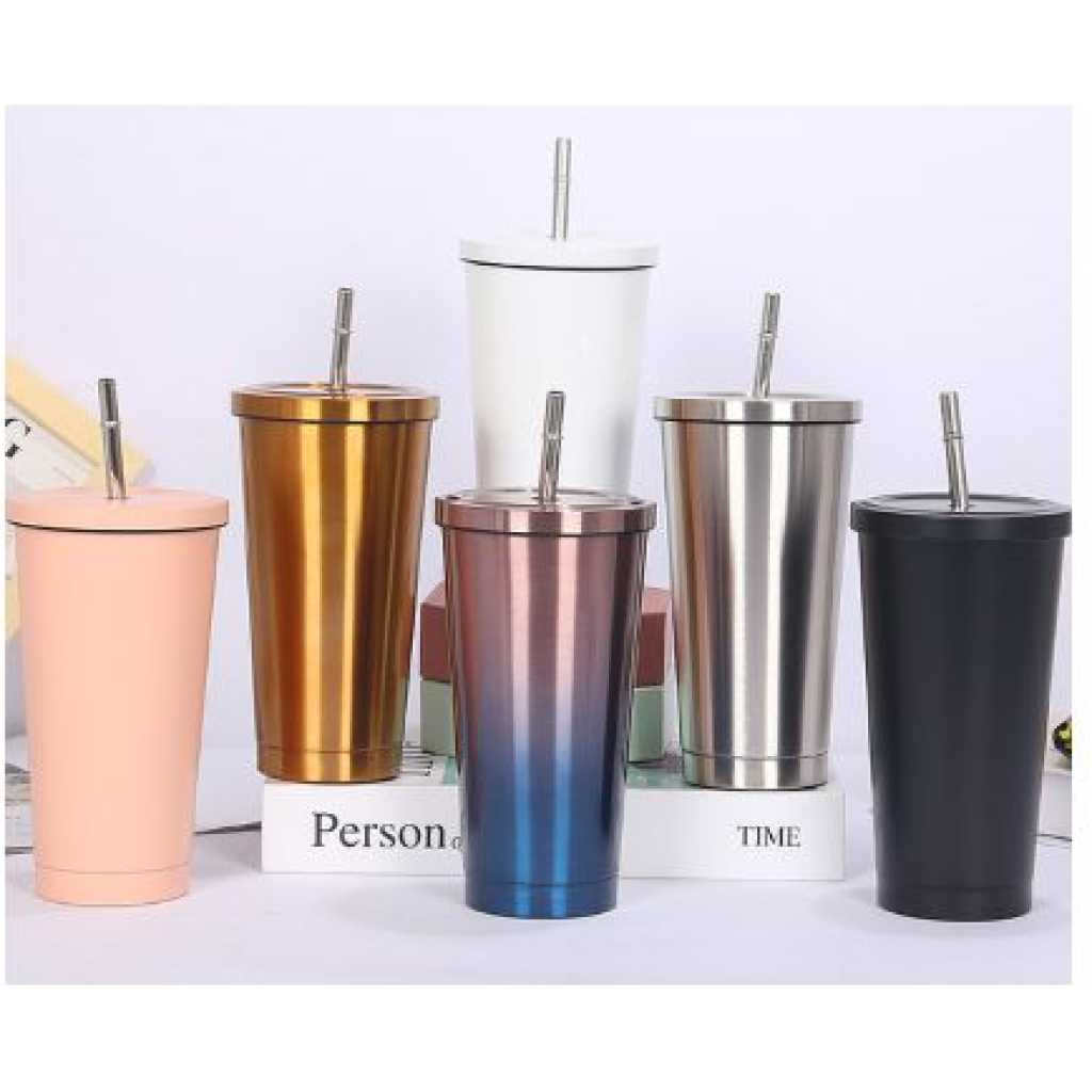 Stainless Steel 500ml Coffee Mug With Lid Tea Cup Thermos Beer Travel Tumbler With Straw- Silver.