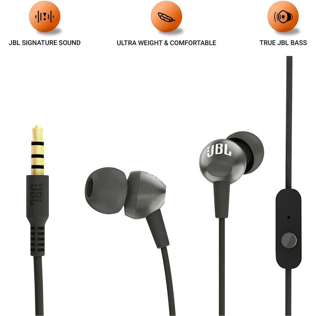 JBL C200SI, Premium in Ear Wired Earphones with Mic, JBL Signature Sound, One Button Multi-Function Remote, Angled Earbuds for Comfort fit (Gun Meta