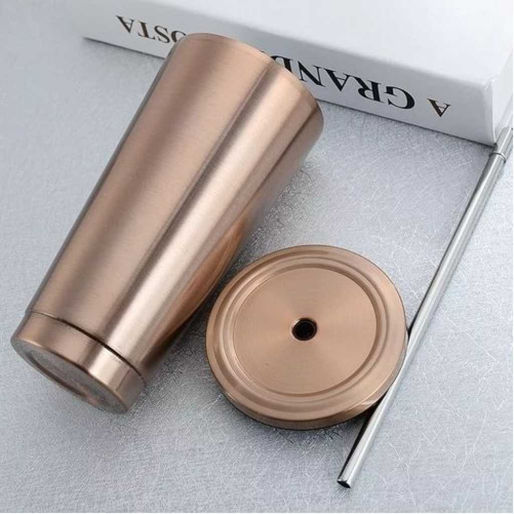 Stainless Steel 500ml Coffee Mug With Lid Tea Cup Thermos Beer Travel Tumbler With Straw- Silver.