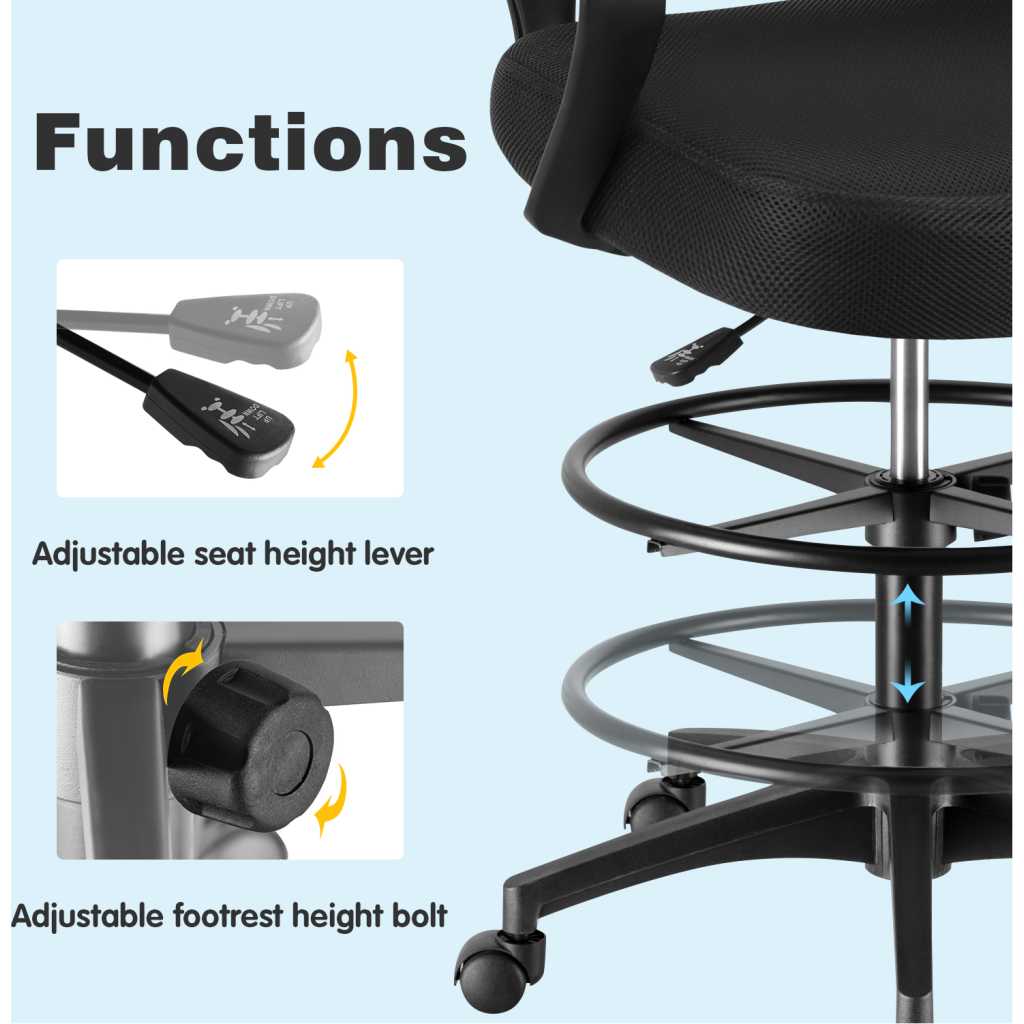 Adjustable Height Drafting Office Chair with Armrest and Regolabile Foot Ring, Black/Silver