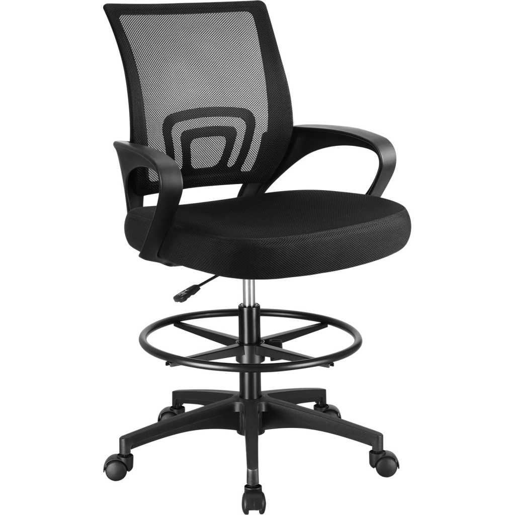 Adjustable Height Drafting Office Chair with Armrest and Regolabile Foot Ring, Black/Silver