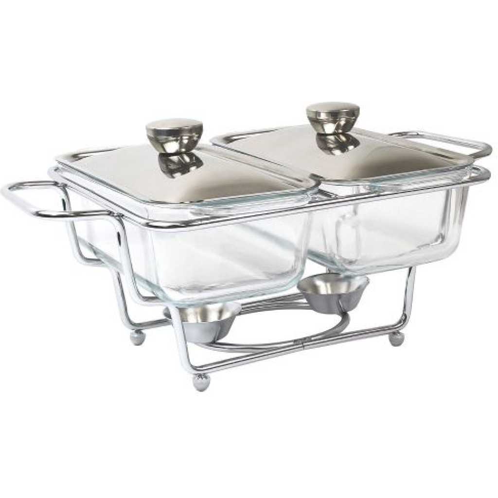 1.3L Multi-purpose Double Glass Chafing Dish Buffet Food Warmers- Clear.