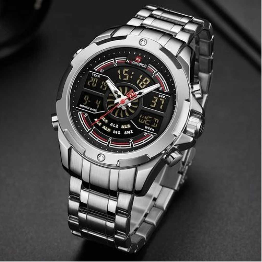 Naviforce Stainless Chronograph Analog Digital Waterproof Wristwatch - Silver