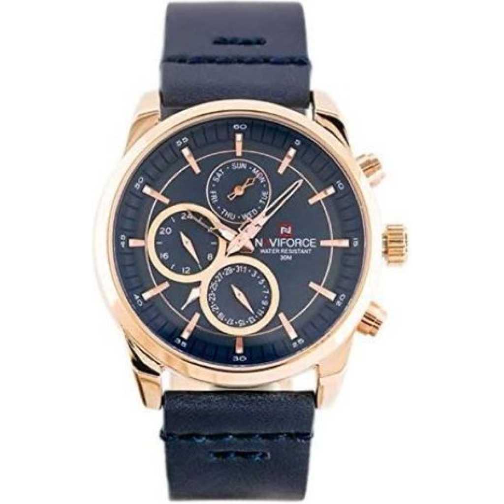 Naviforce Men's Designer Leather Strap Watch - Blue, Gold