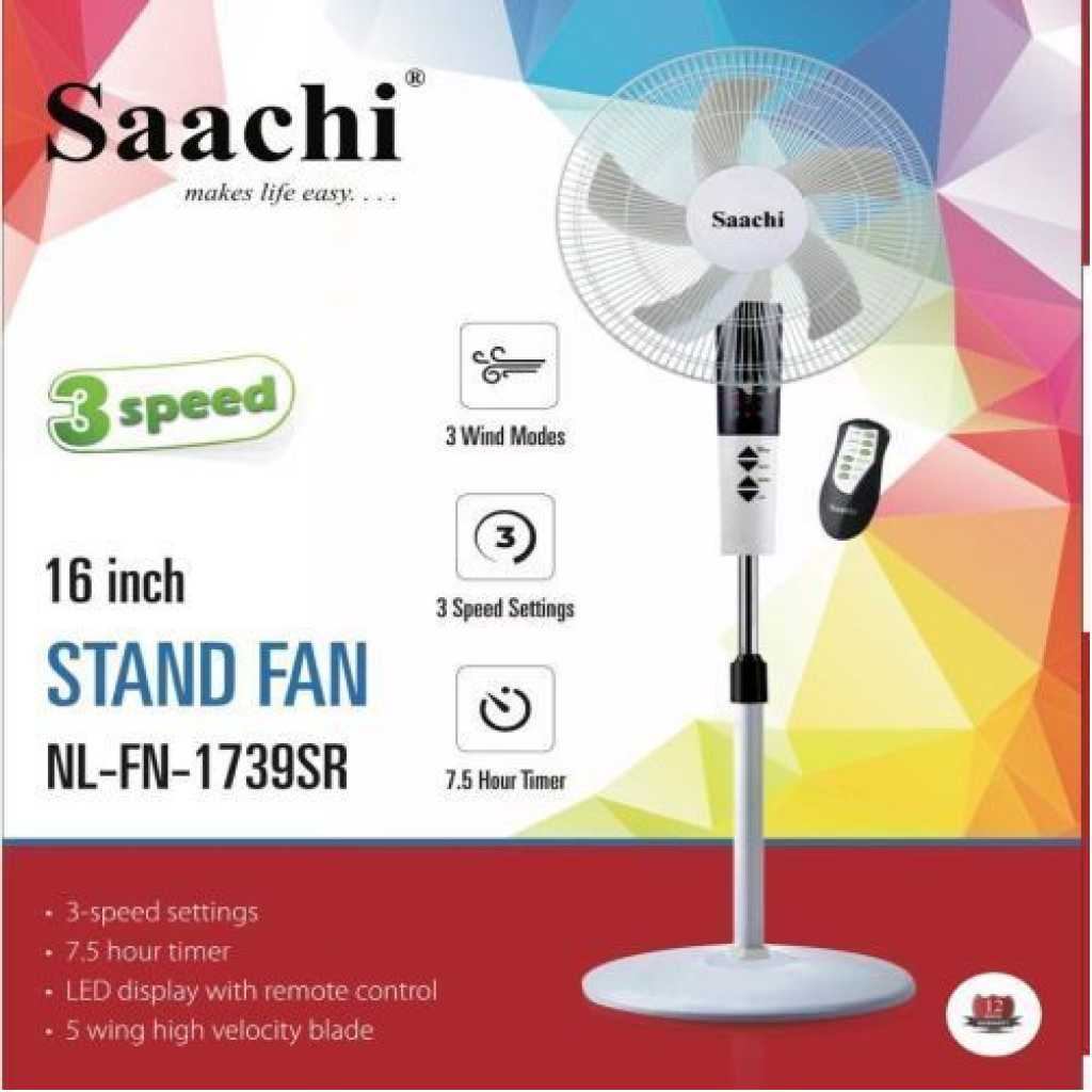 Saachi 16 Inch Stand Fan With Remote Control, 3 Speed, 3 Wind Modes NL-FN-1739SR - White