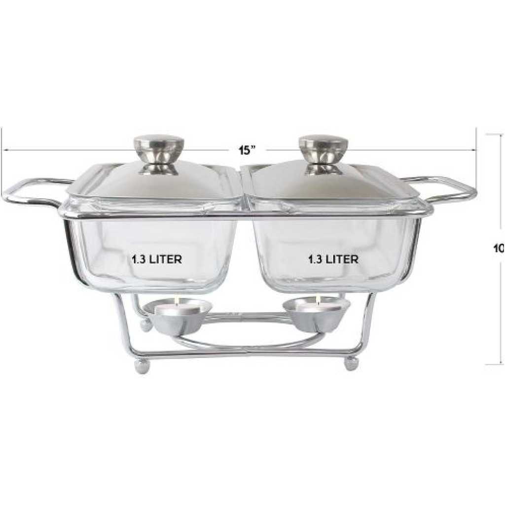 1.3L Multi-purpose Double Glass Chafing Dish Buffet Food Warmers- Clear.