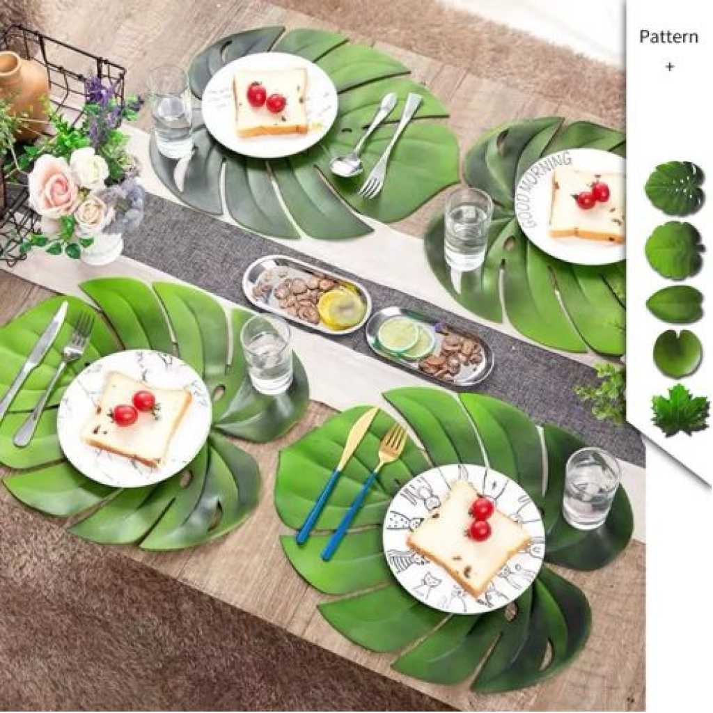 6 PC Leaf Basket Leather Placemat For Dinner Table, PU Woven Table - Green.