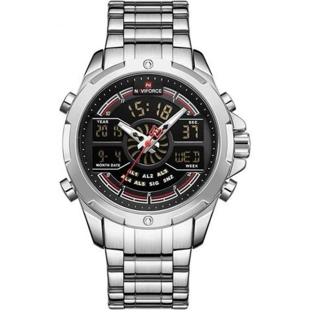 Naviforce Stainless Chronograph Analog Digital Waterproof Wristwatch - Silver