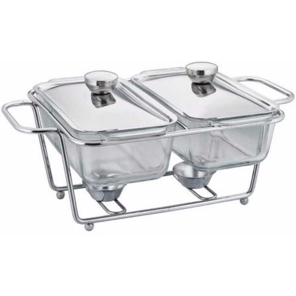 1.3L Multi-purpose Double Glass Chafing Dish Buffet Food Warmers- Clear.