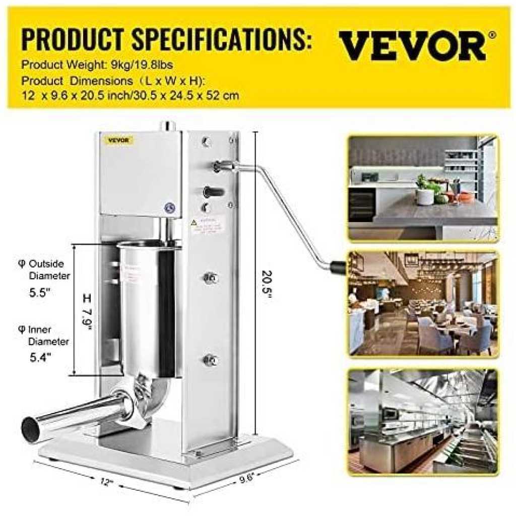 Sausage Filler Machine 5L Stainless Steel Sausage Maker Vertical Manual two Speed - Silver