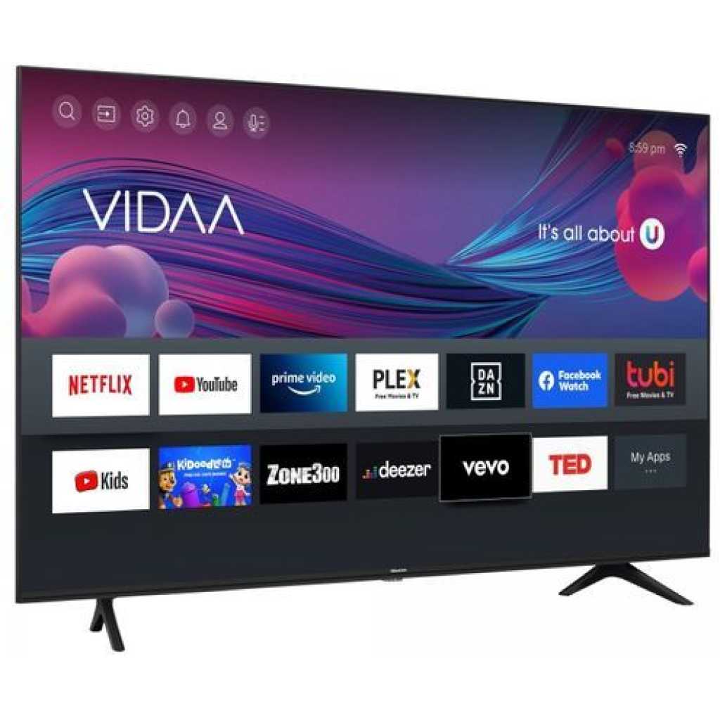 Hisense 43″ UHD 4K LED VIDAA Smart TV; Premium A6 Series, Bluetooth, USB, HDMI, Facebook Watch, Prime Video, Youtube, Netflix, Frameless With Inbuilt Free To Air Decoder – Black