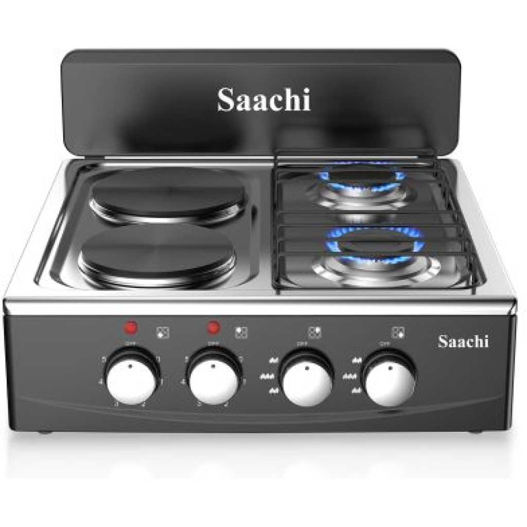 Saachi 2 Gas + 2 Electric Hot Plates Stainless Steel Table Top - Black