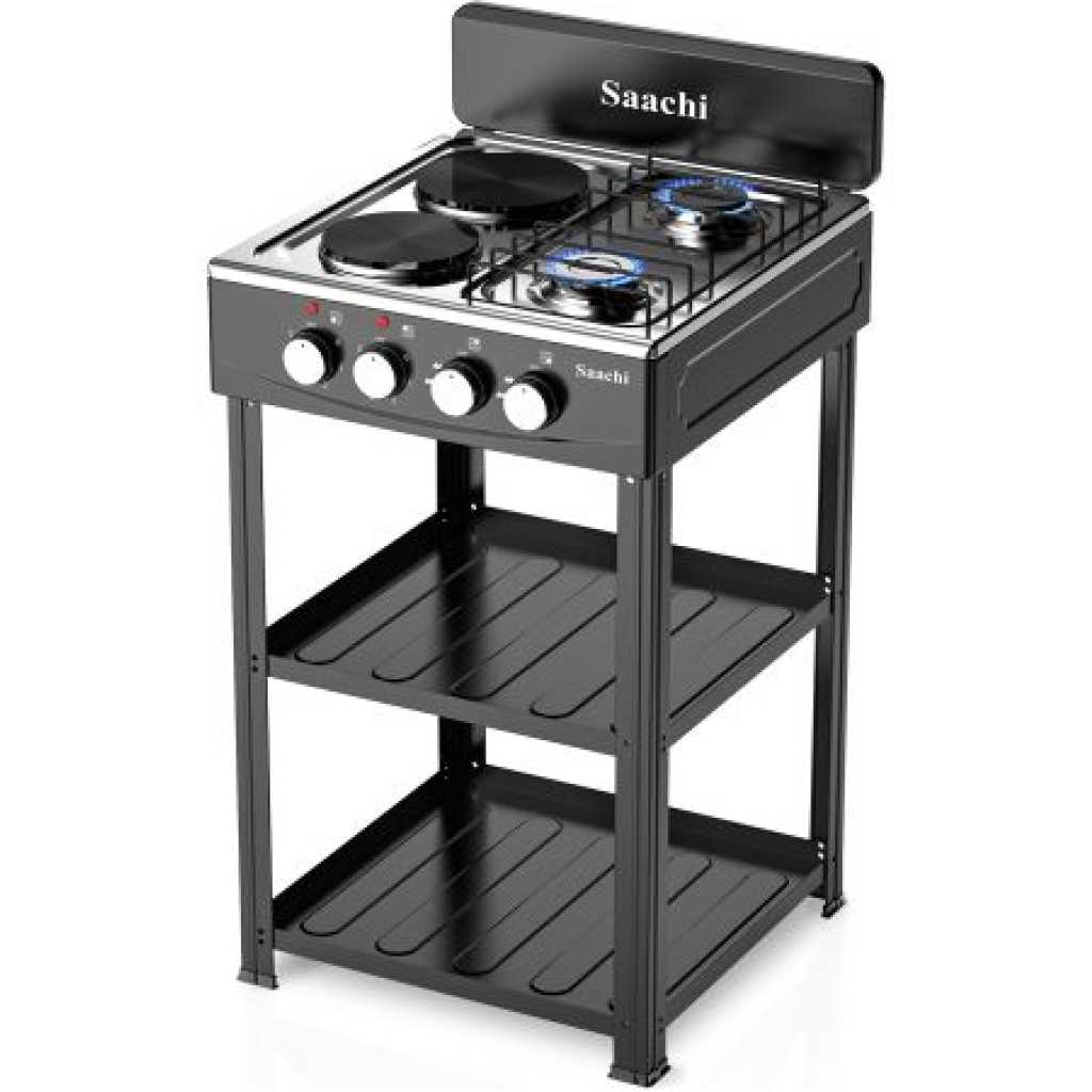 Saachi Stainless Steel Gas Burner With 2 Gas Tops, 2 Hot plates & Shelves - Black