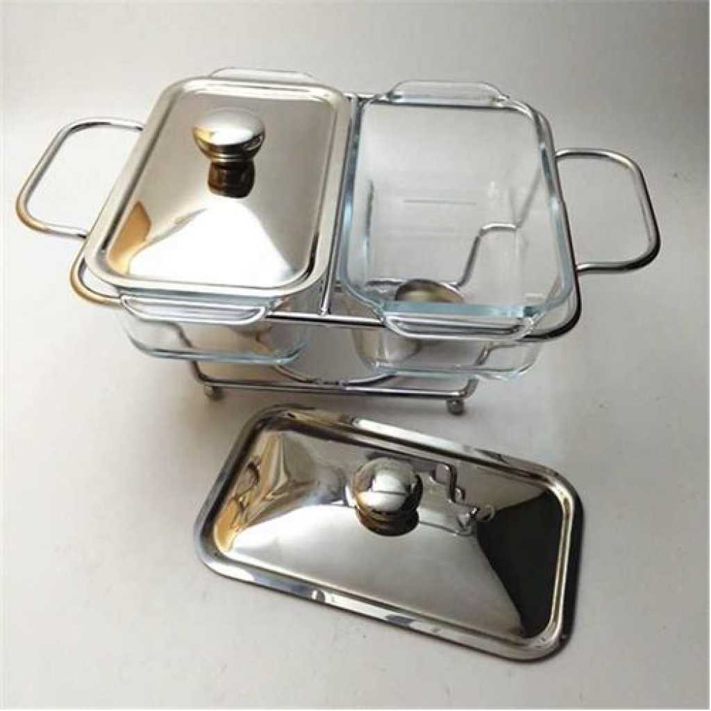 1.3L Multi-purpose Double Glass Chafing Dish Buffet Food Warmers- Clear.