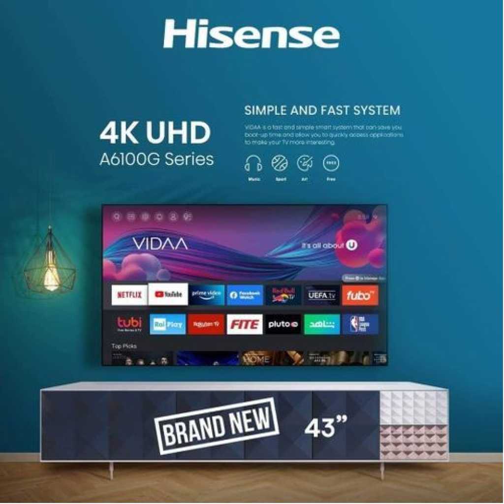 Hisense 43 - Inches UHD 4K Premium A6 Series Bluetooth, HDMI, USB, Youtube, Netflix, WiFi, Frameless Smart TV – Black