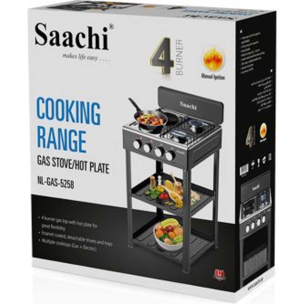 Saachi Stainless Steel Gas Burner With 2 Gas Tops, 2 Hot plates & Shelves - Black